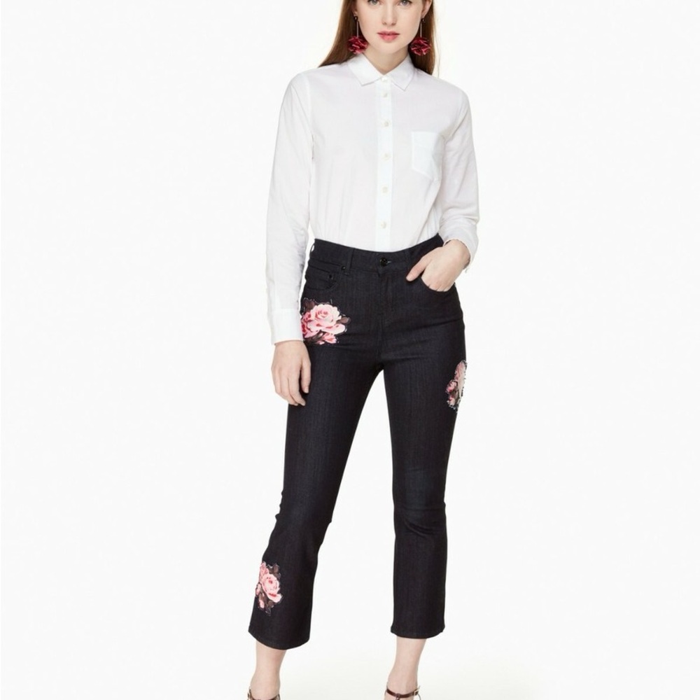 Kate Spade Rose Embroidered dark denim Jeans kick flare Broome Street NWOT - Picture 3 of 6